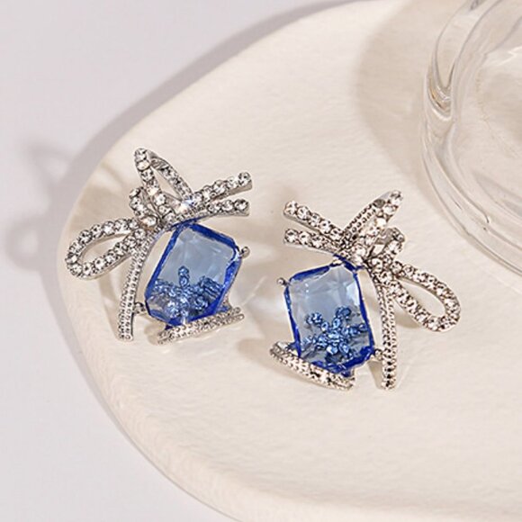 Blue Crystal Bow Stud Earrings - Picture 1 of 3